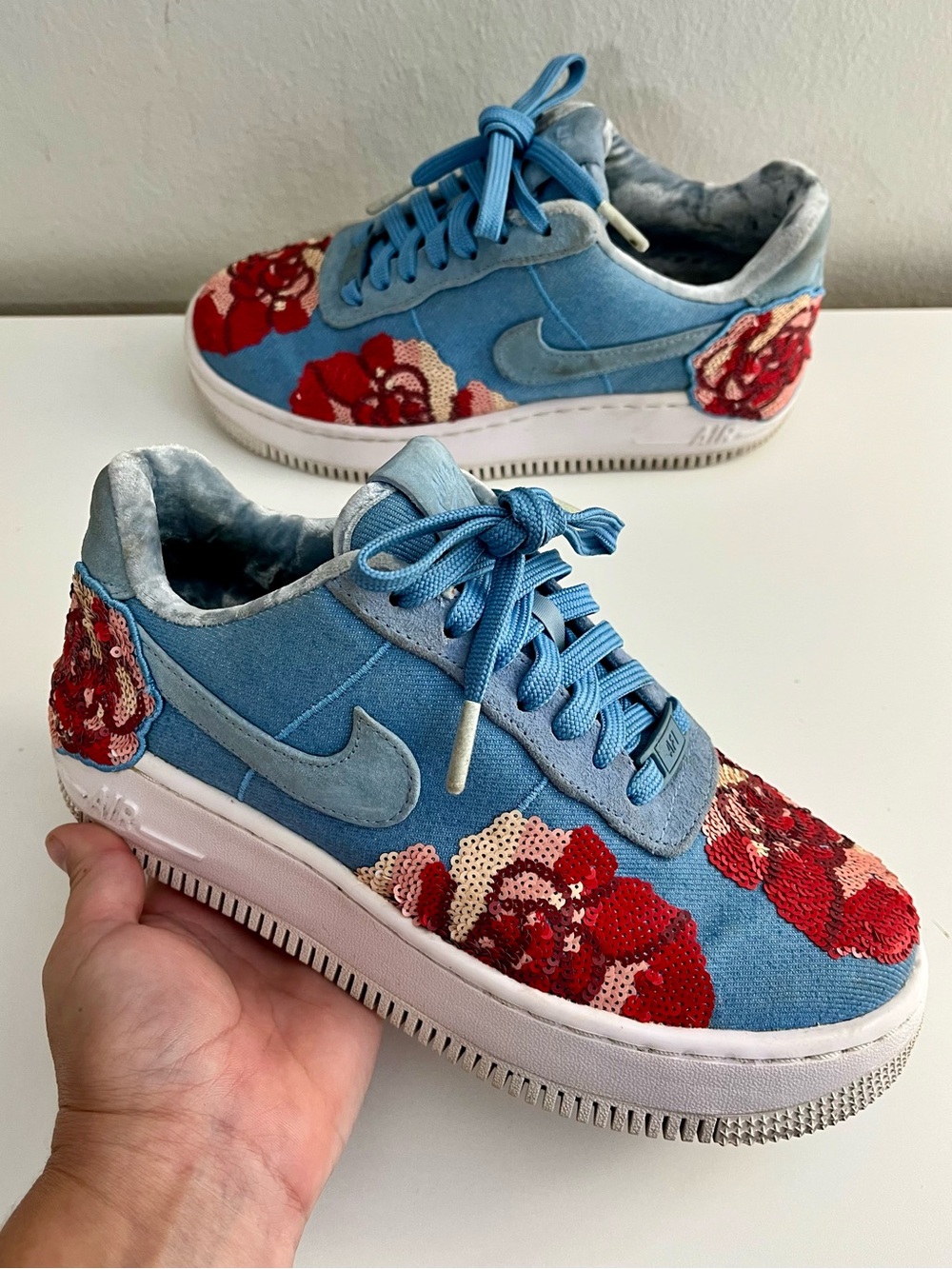 Nike Air Force 1 Upstep Low "Floral Sequin" Denim Sneakers Size 6.5
